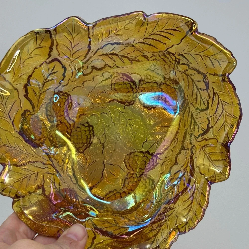 Vintage Amber Carnival Glass Triangle Leaf Berry‎ Candy Dish Bowl Shimmer Retro